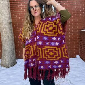 Free People Boho Geometric Fringe Poncho Cardigan in Purple